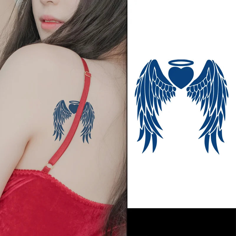 Woman with blue angel wing tattoo on shoulder, next to a close-up of the tattoo design