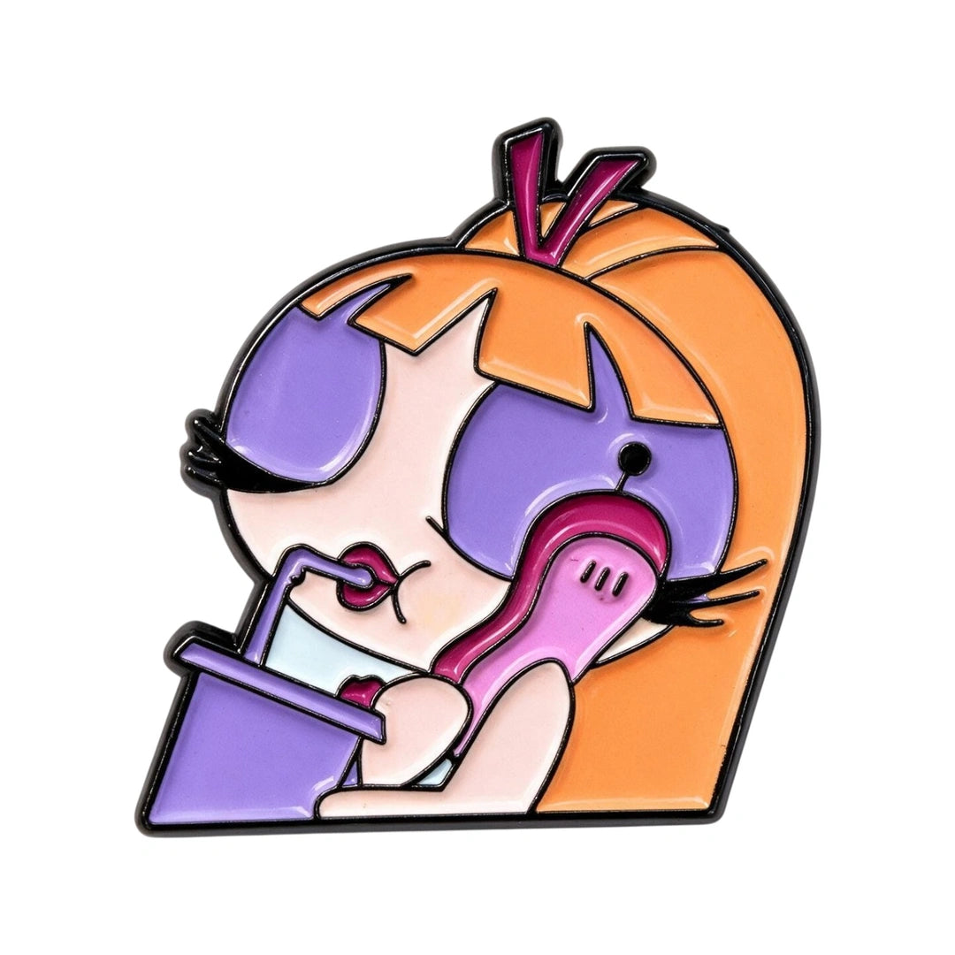 A cartoon-style enamel pin featuring a character with orange hair, purple eyes, and a pink phone, shown on a plain white background.