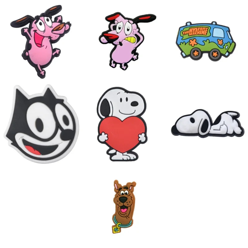 Set of cartoon characters croc charms on a white background