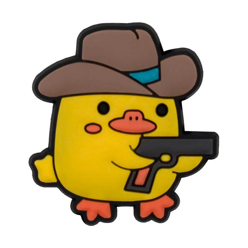 Cartoon duck character wearing a cowboy hat and holding a gun croc charm on a white background