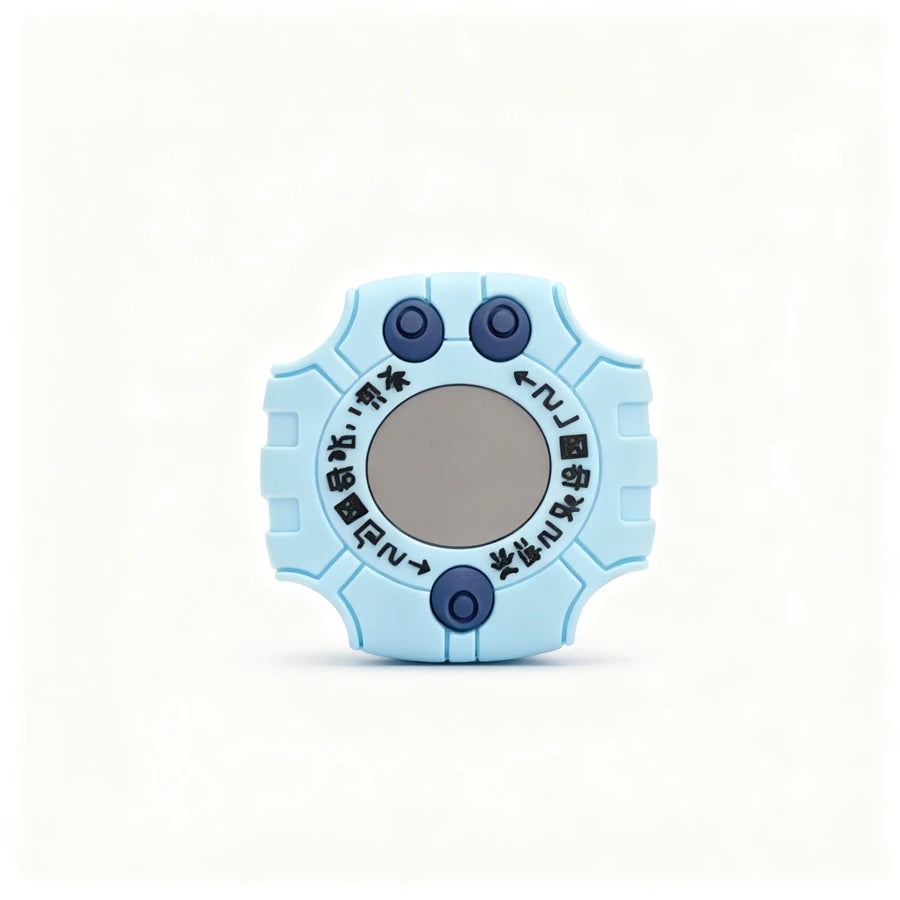 Blue circular object with two black buttons on a white background