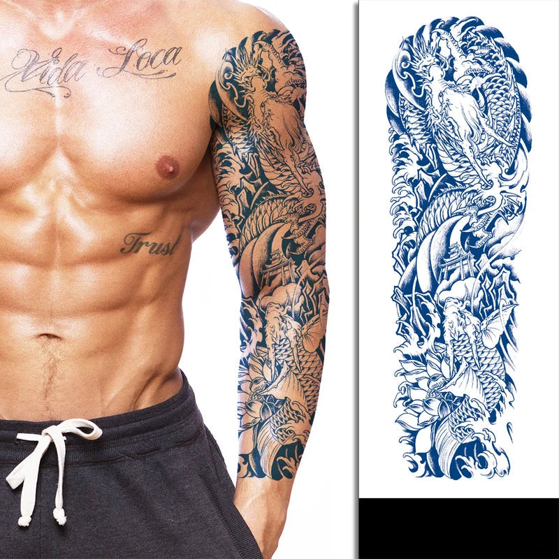 Man with a tattoo sleeve and a detailed tattoo design on the right side.