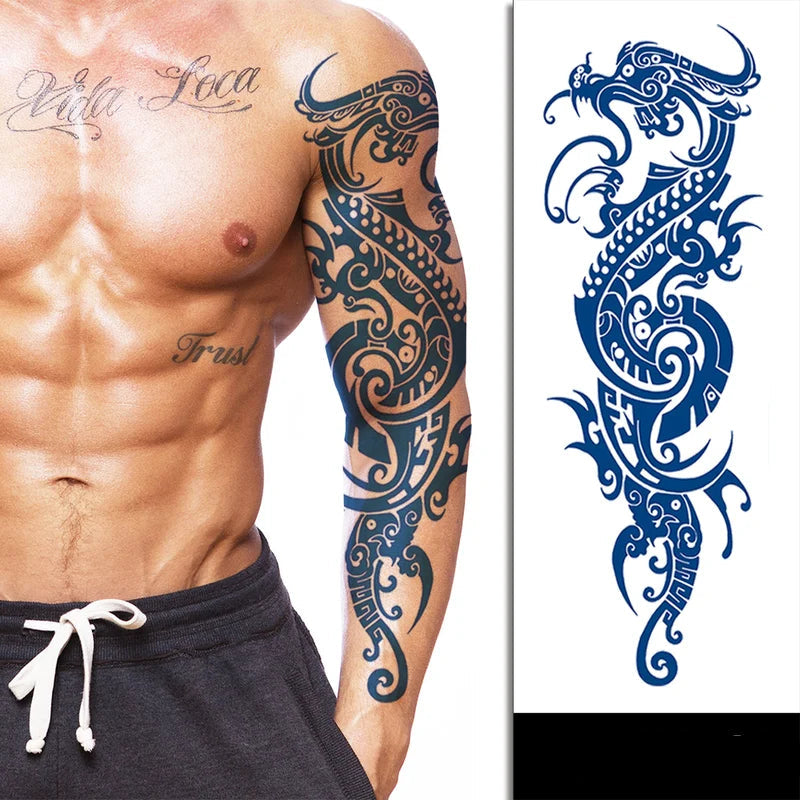 Dragon Sleeve Semi-Permanent Jagua Tattoo on Muscular Model
