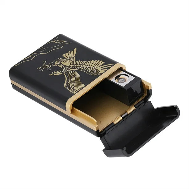Eagle Design Rechargeable Cigarette Case with Lighter - USB Rechargeable Electronic Windproof Flameless Cigarette Lighter