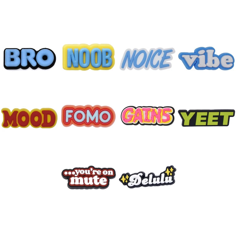 Gen Z Slang and Phrases Brainrot Bro Noob Noice Vibe Mood FOMO Gains Yeet Delulu Croc Charms for Crocs | Jibbitz