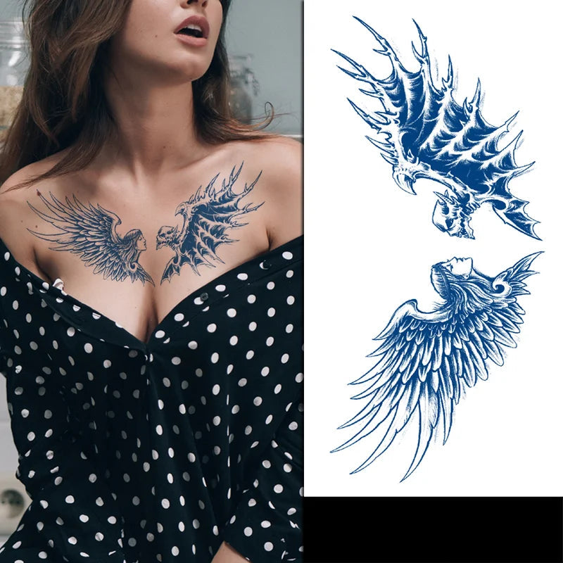 Woman with nephalem wings tattoo on chest