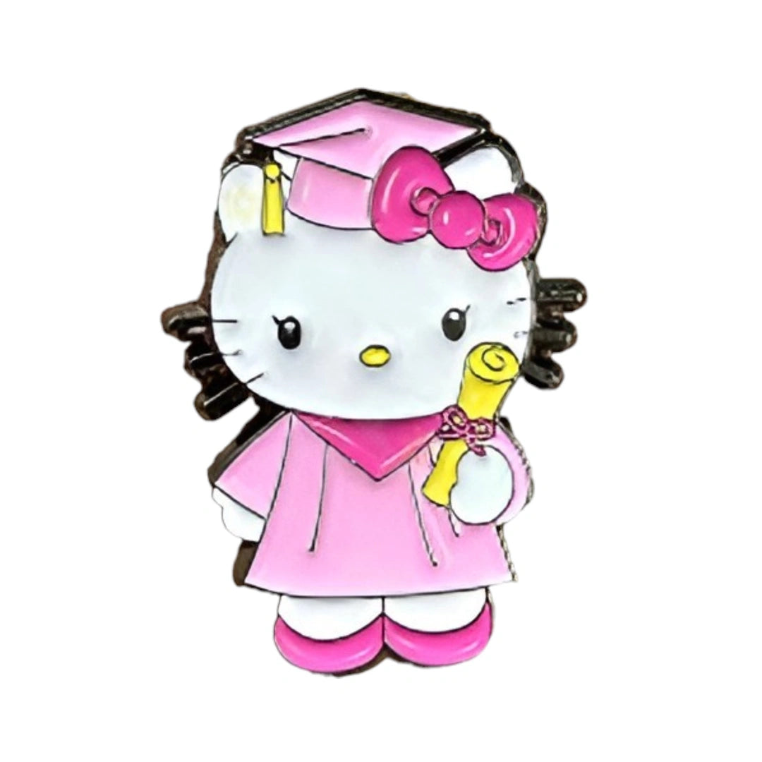 A Hello Kitty enamel phone sticker depicting the character in a pink graduation gown and mortarboard cap, holding a yellow diploma scroll, set against a plain white background.