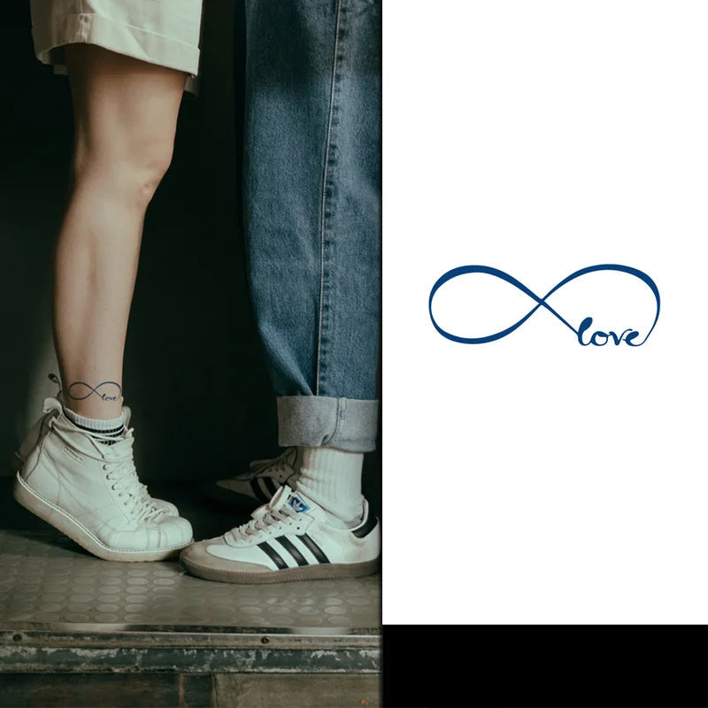 White sneakers with black stripes worn by a person, with a tattoo of an infinity symbol on a dark background.