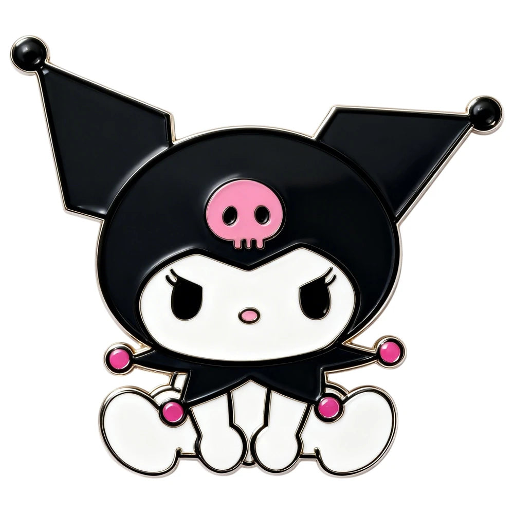 Cartoon character with black hat and pink accents on a white background