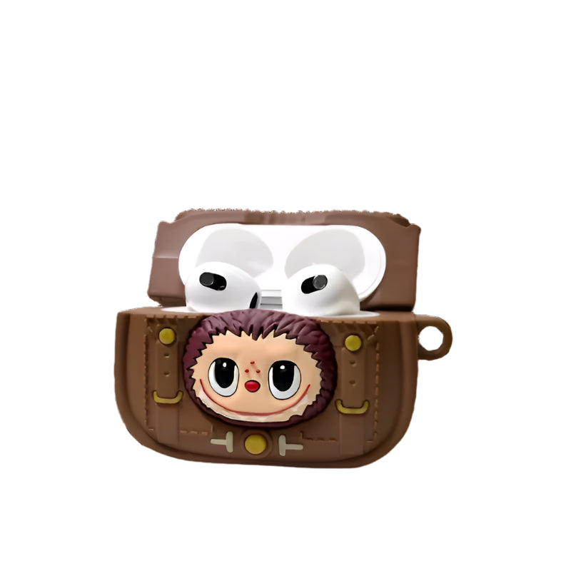 Labubu Brown cartoon-style case with white earbuds on a white background