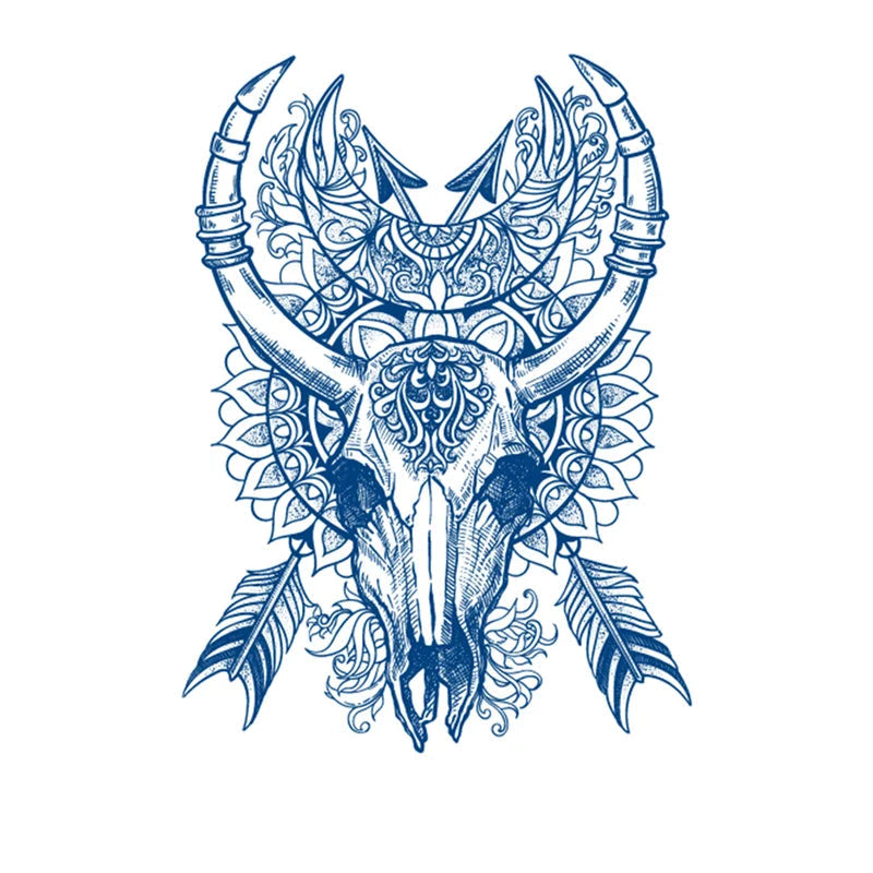 Decorative bull skull with intricate patterns and feathers on a white background jagua tattoo.