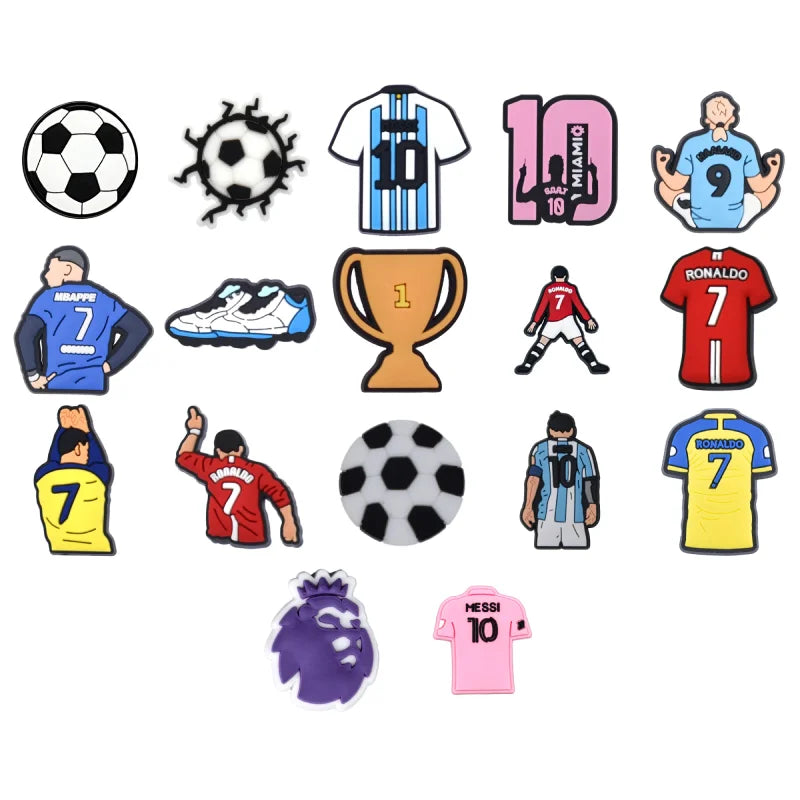 Collection of soccer-themed items including jerseys, a ball, and a trophy croc charms on a white background
