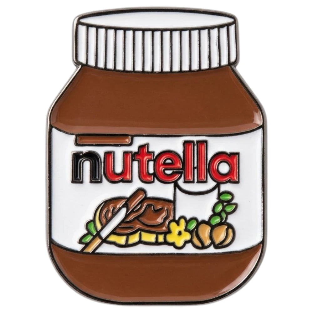 Pin with Nutella jar design on a white background
