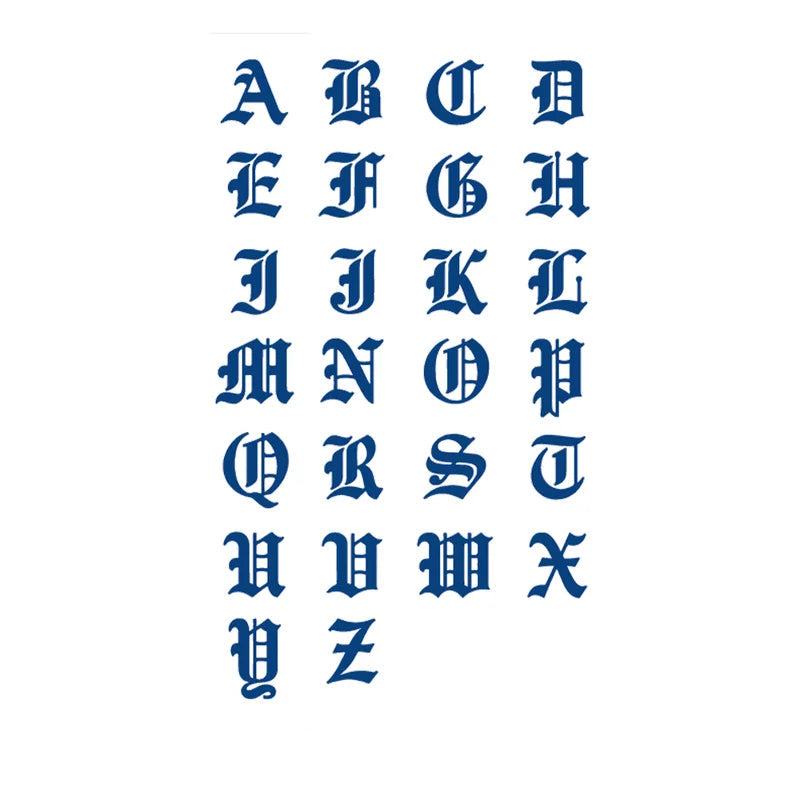 Blue vintage-style alphabet letters tattoo on a white background