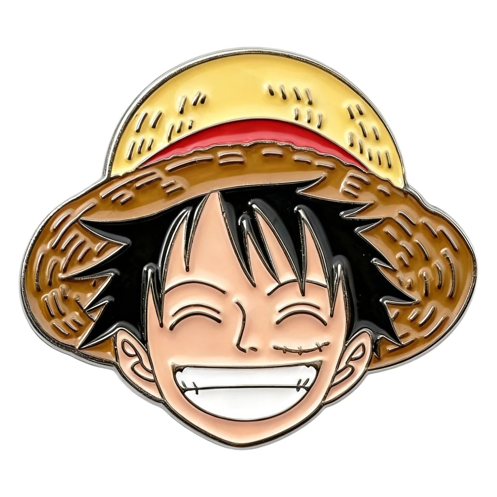 Pin with a character's face and straw hat on a white background
