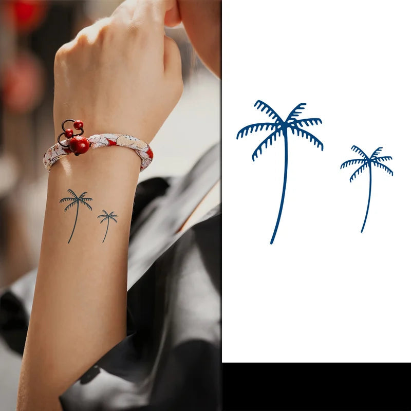 Tattoo of palm trees on a wrist with a bracelet, followed by blue palm tree designs