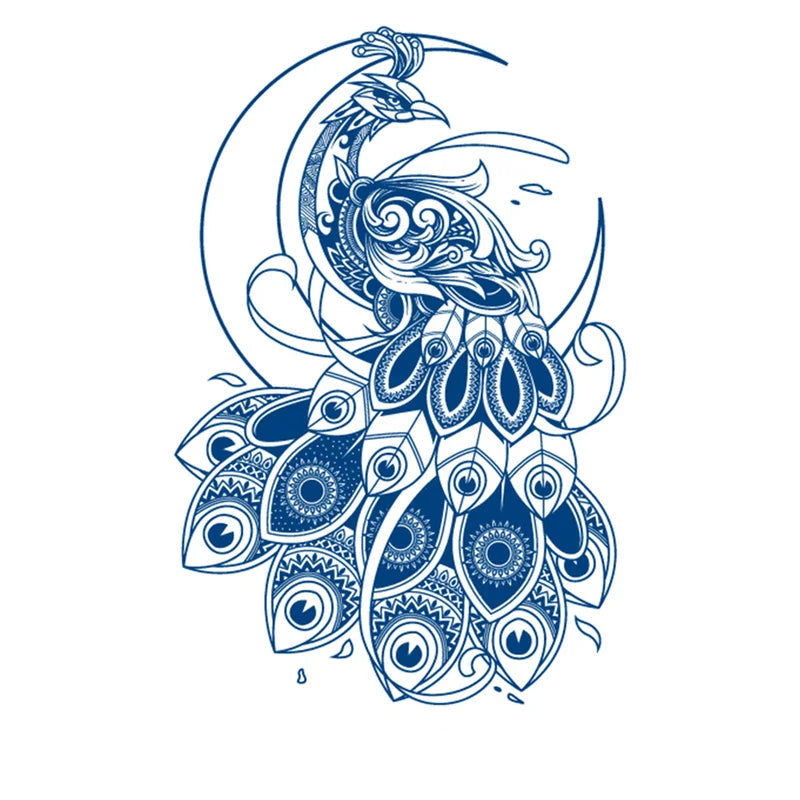 Peacock on Moon Crescent Semi-Permanent Jagua Tattoo