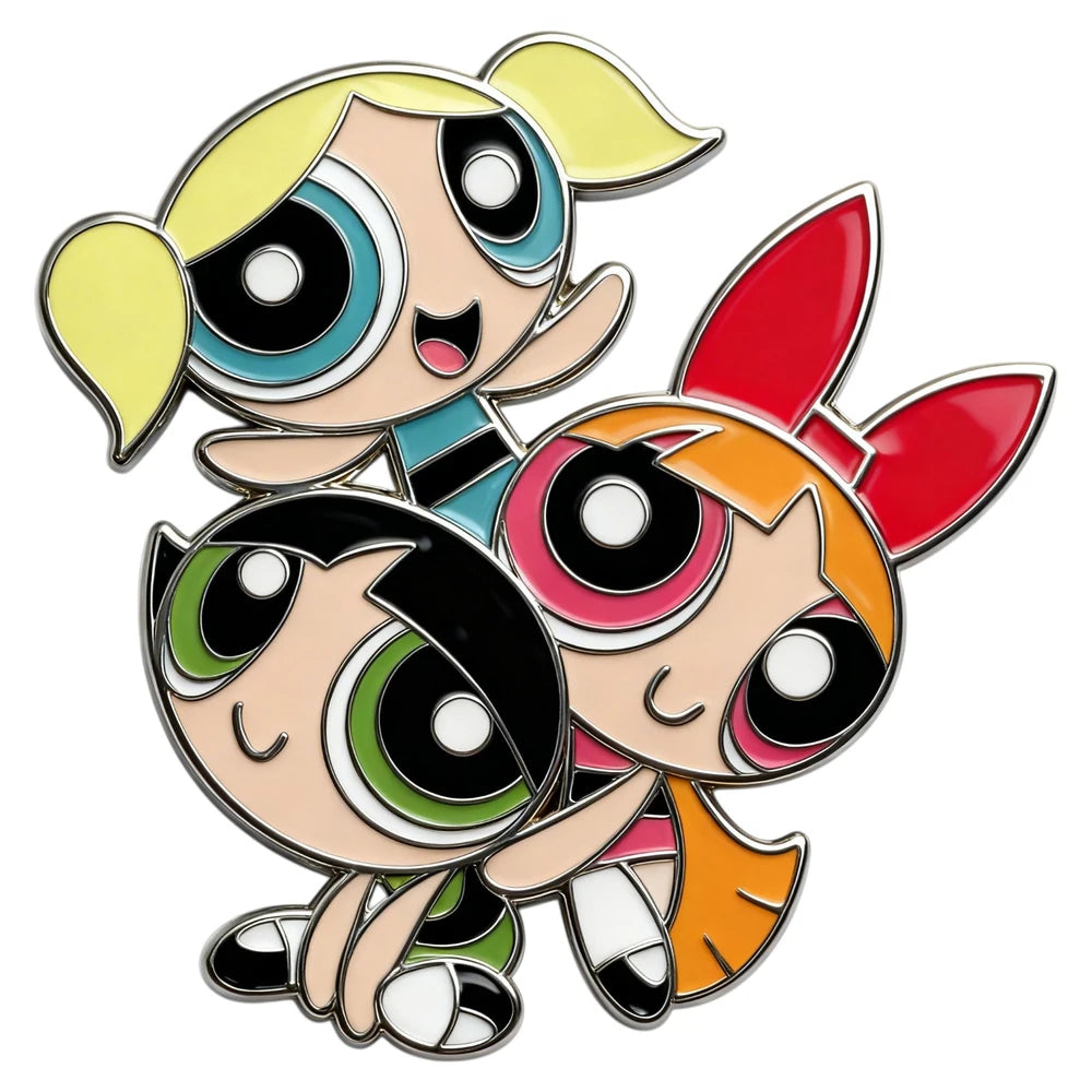 Three cartoon characters with large eyes and colorful hair on a white background