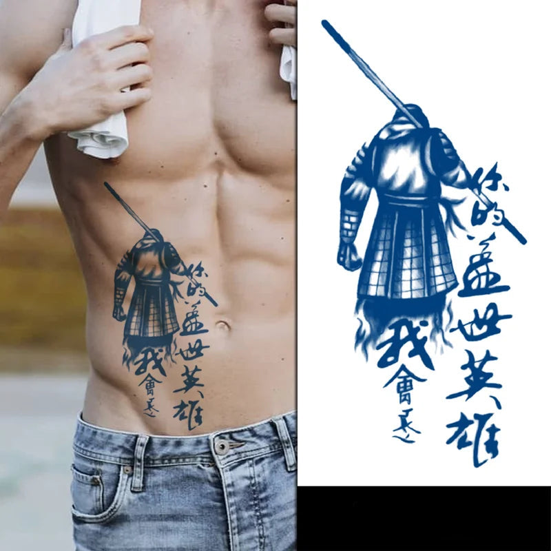 samurai temporary tattoo on male abdomen