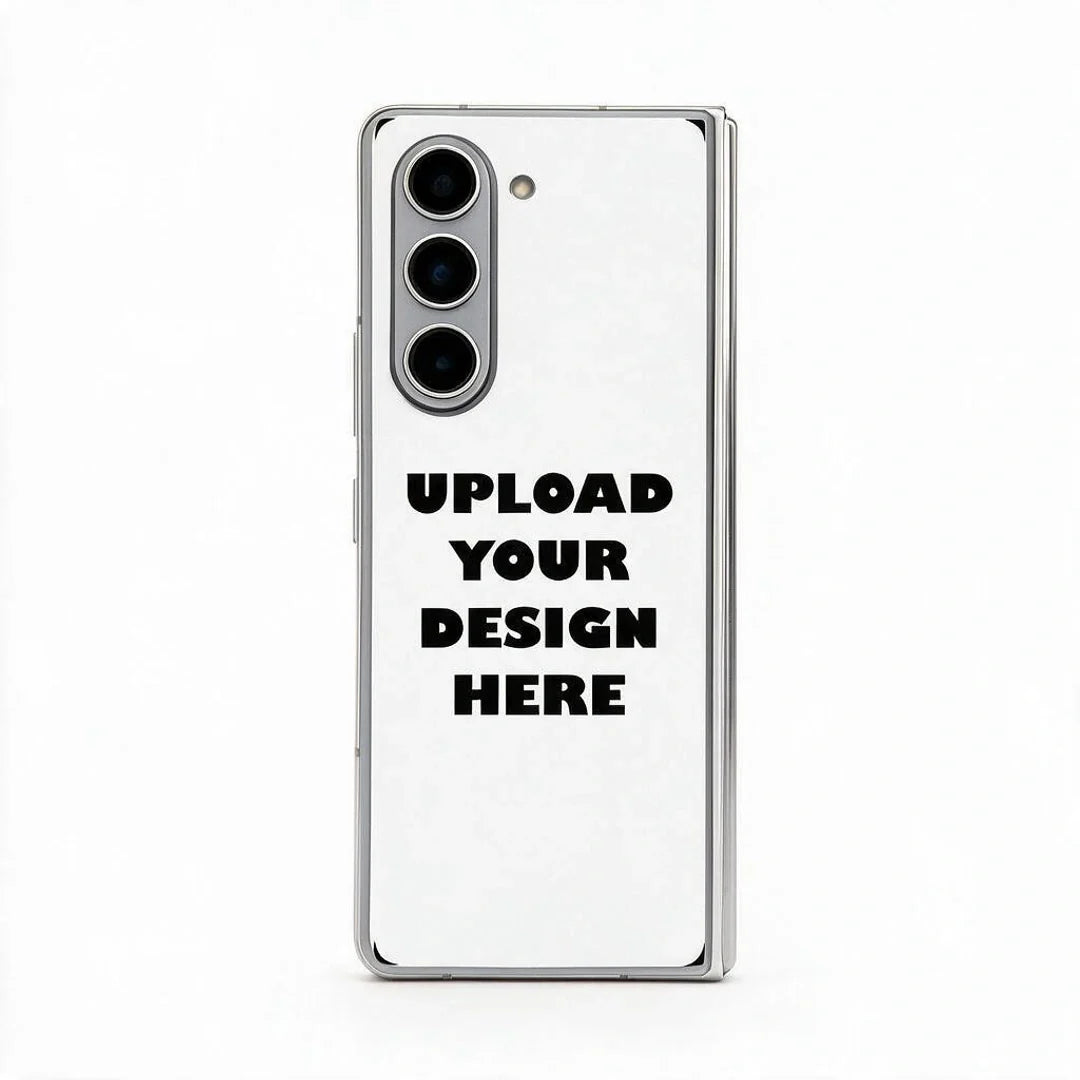 A white customizable phone case with black text reading 'UPLOAD YOUR DESIGN HERE' on a clean white background.