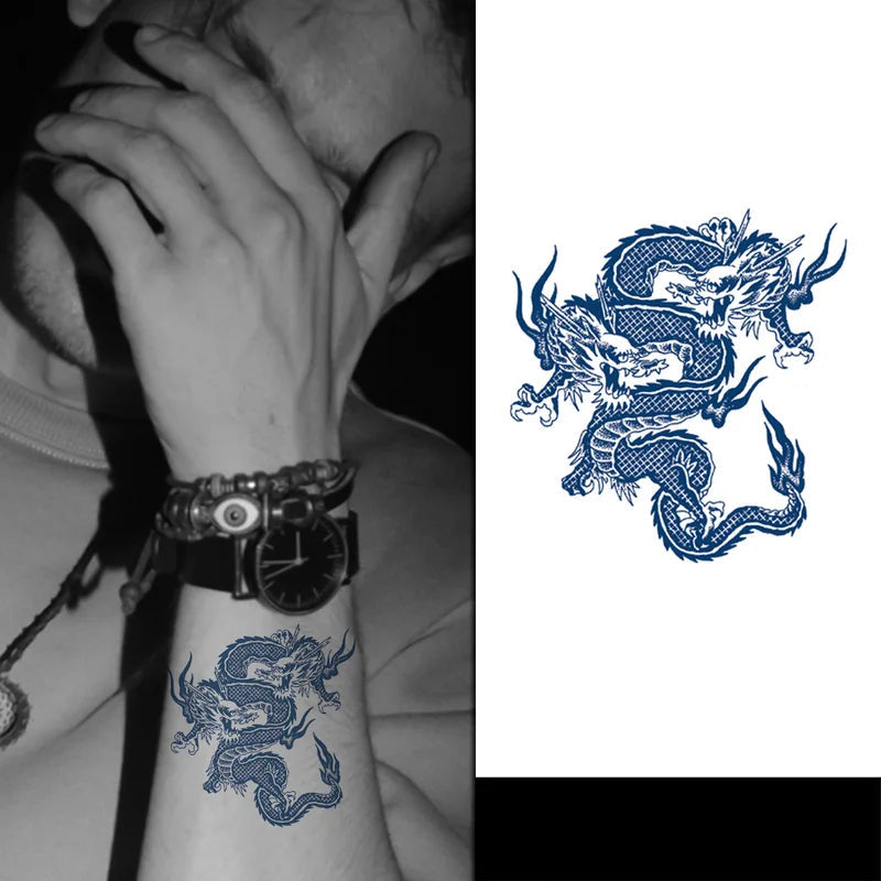 Blue dragon tattoo on a person's arm with a close-up of the tattoo design on the right