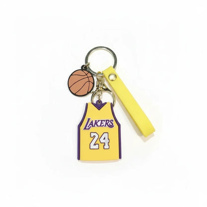Keychain with Lakers jersey and basketball design on a white background