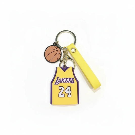 Keychain with Lakers jersey and basketball design on a white background