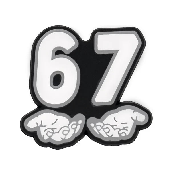 67 with hands under on a white background