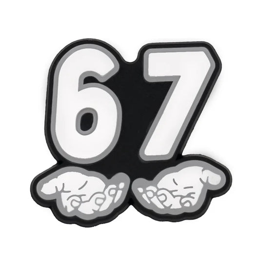 67 with hands under on a white background