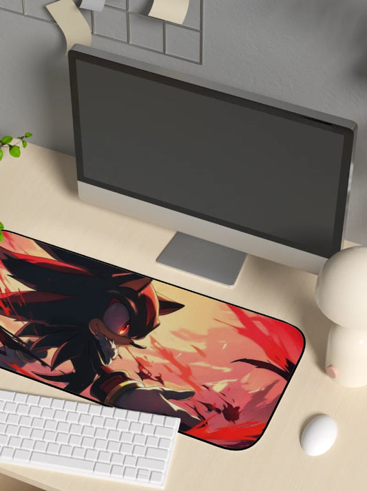 Desk setup with a computer monitor, keyboard, and mouse on a desk with an anime-style mouse pad.