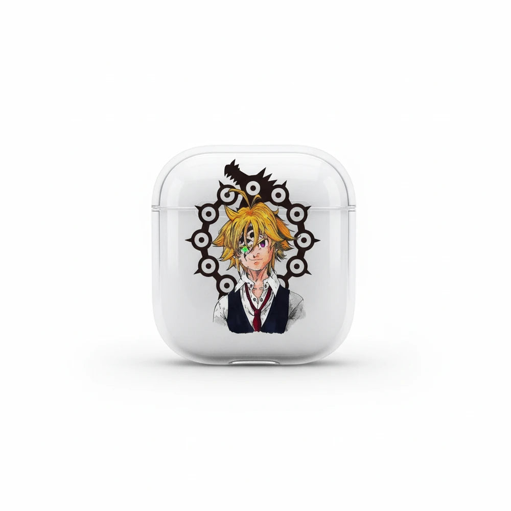 Clear air pod case with anime character design on a white background