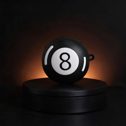 A black 8-ball-shapedcase for Galaxy Buds with black number 8 on the front, displayed on a round black pedestal against a dark background with warm light glow.