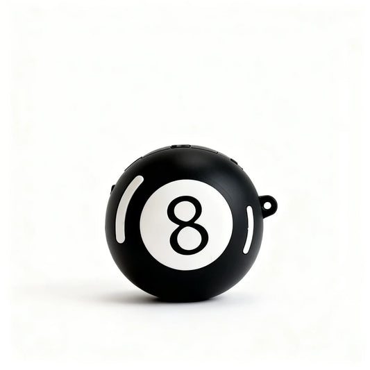 Black billiard ball with the number 8 on a white background