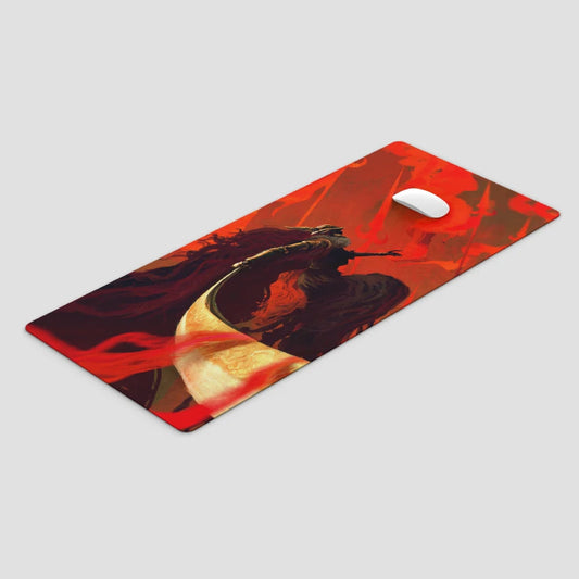 desk mat with a sword warrior design on a red and orange background