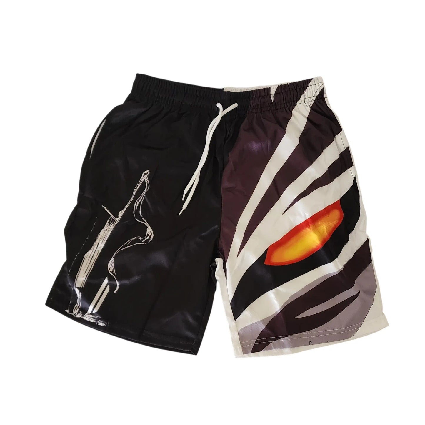 Black shorts with a design of a sword and a creature's face on a white background