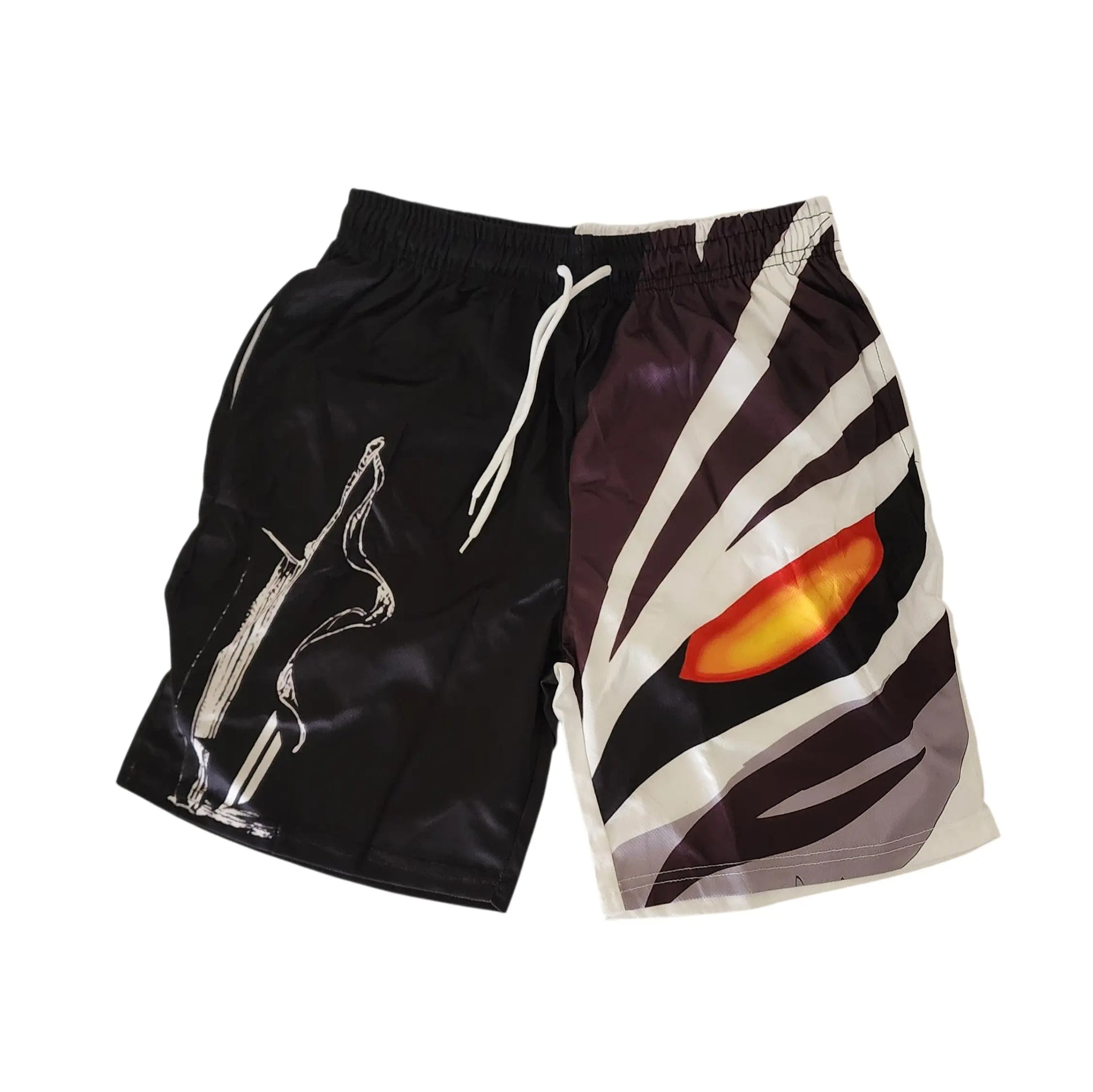Black shorts with a design of a sword and a creature's face on a white background