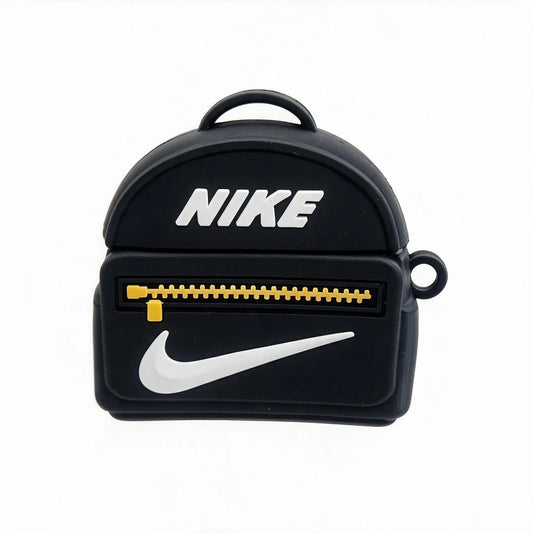 A black backpack-shaped Airpods 4 Case featuring a white Nike swoosh, white Nike logo text, and a yellow zipper detail, shown on a plain white background.