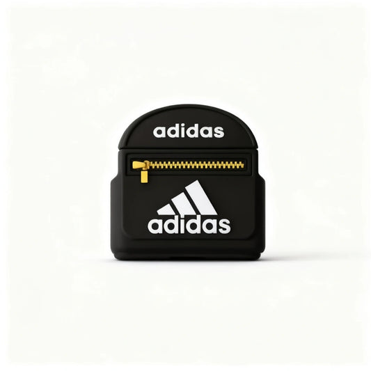 A black Adidas-themed zippered case with white Adidas logos and a gold zipper pull, centered on a clean white background.