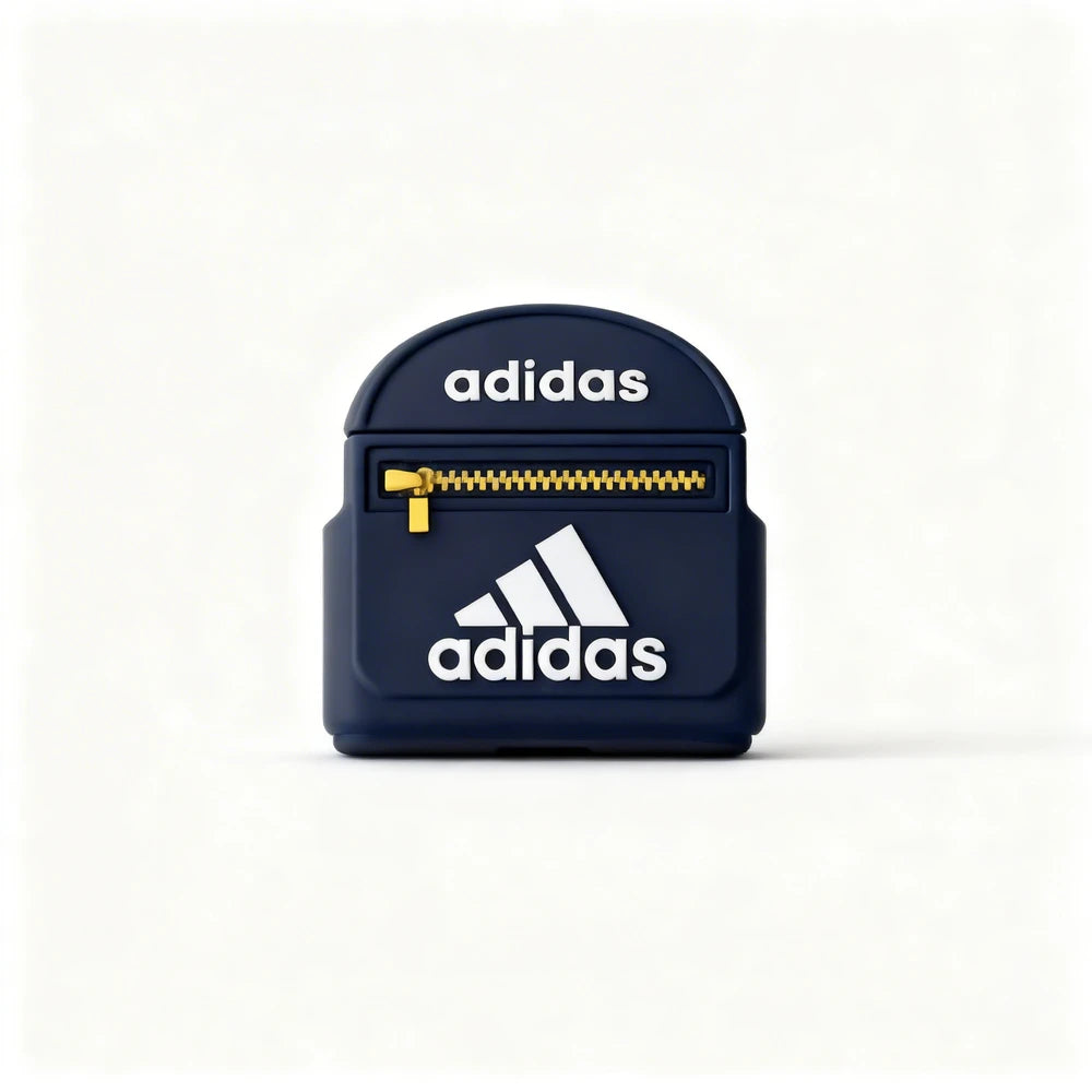 Navy blue Adidas case with gold zipper on a white background