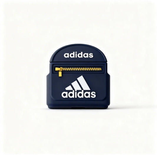 Navy blue Adidas case with gold zipper on a white background