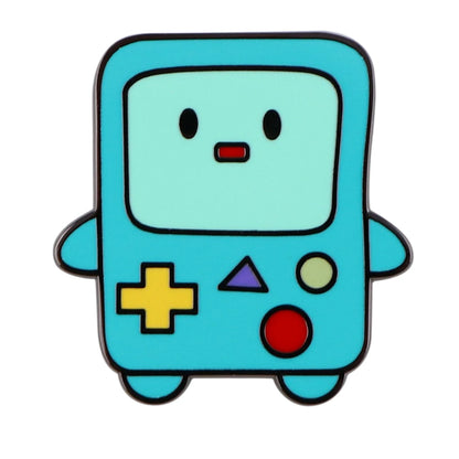 A cartoon-style enamel pin of BMO from Adventure Time, featuring a light blue body, a mint green face, and colorful button details on a white background.