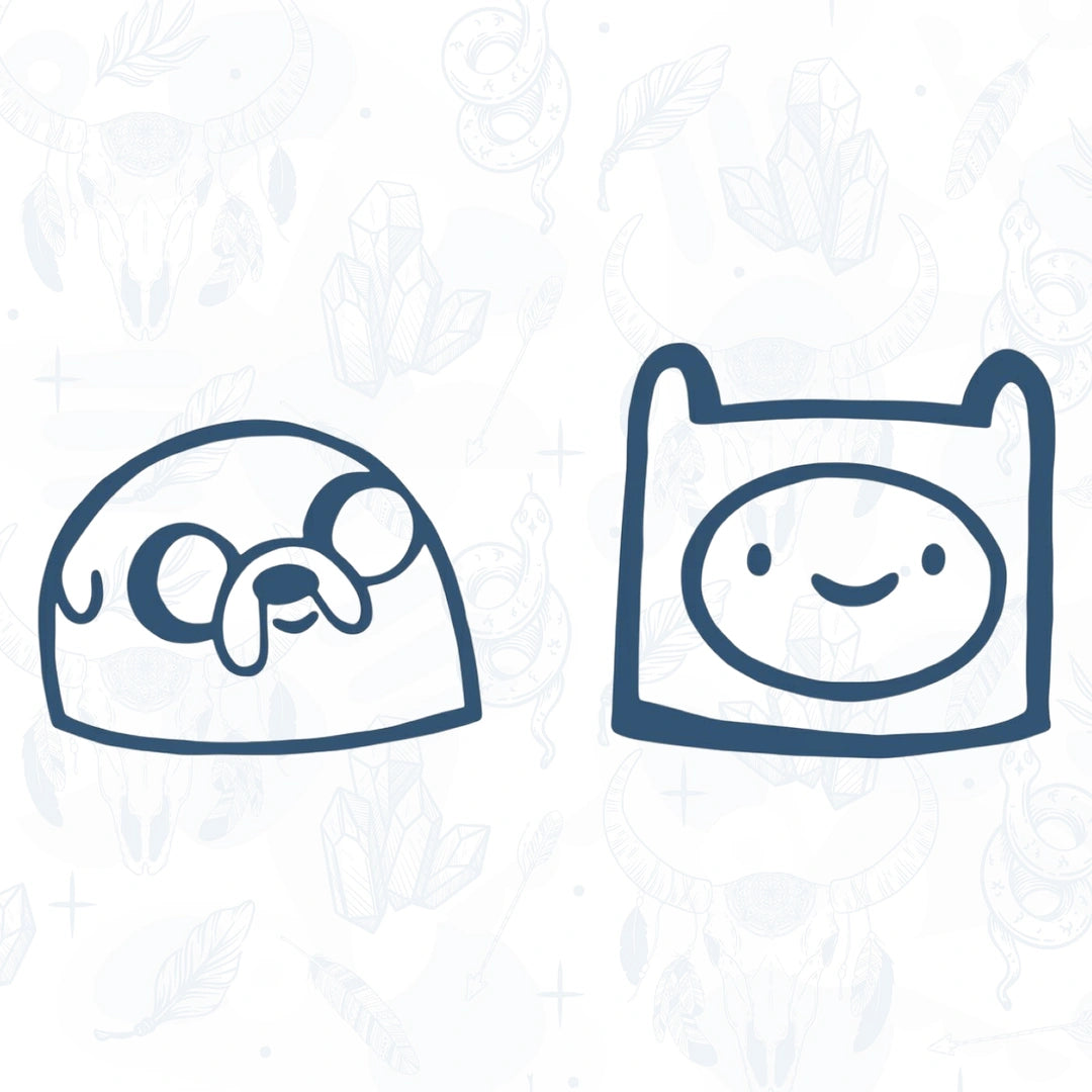 Two cartoon characters from Cartoon Adventure TIme tattoo design on a light blue patterned background