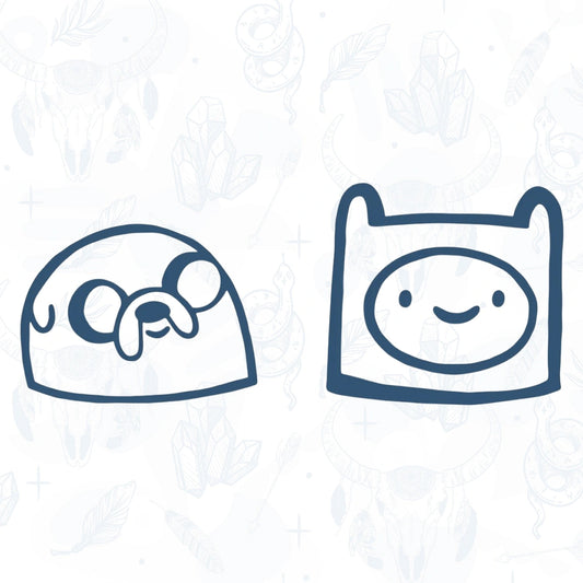 Two cartoon characters from Cartoon Adventure TIme tattoo design on a light blue patterned background