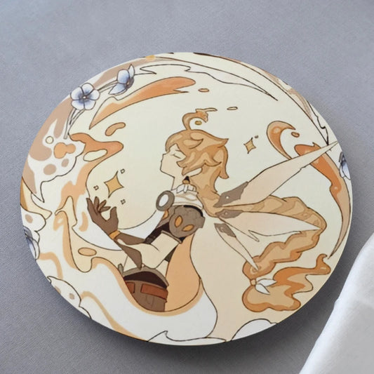 Decorative plate with artistic depiction of a woman and child, featuring soft colors on a gray background.