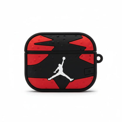 Red and black AirPods case with a white logo on a white background