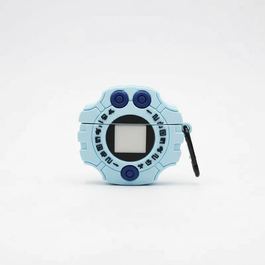 Light blue digital toy with black screen and blue buttons on a white background