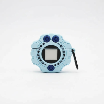 Light blue digital toy with black screen and blue buttons on a white background