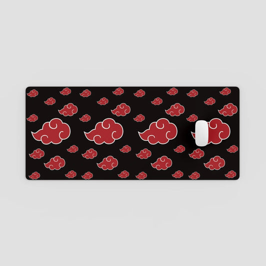 Black mouse pad with red cloud pattern on a light gray background