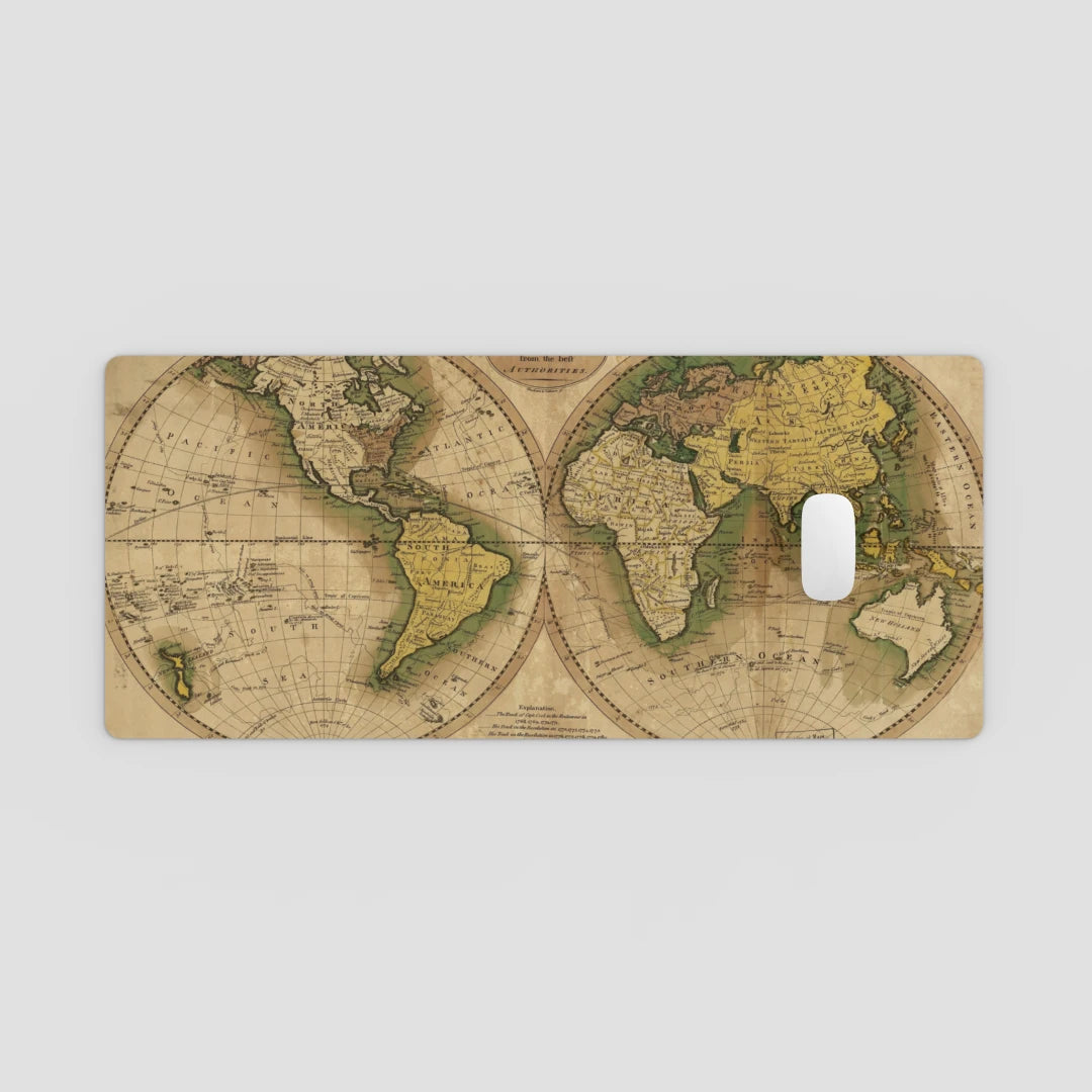 Phone case with vintage world map design on a light gray background