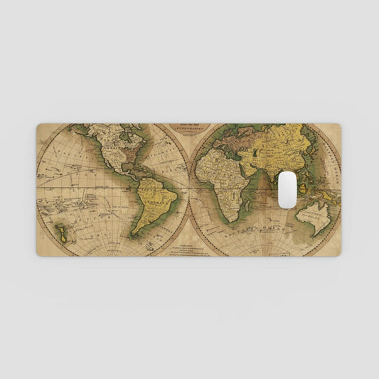 Phone case with vintage world map design on a light gray background